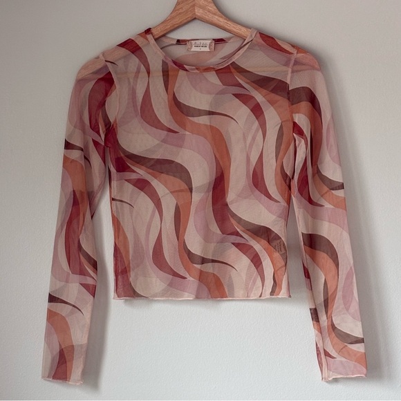 Altar’d State Pink and Brown Mesh Long Sleeve Top - Picture 1 of 4